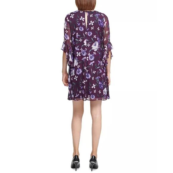 Calvin Klein Floral Print Long bell Sleeve mini Dress 6 purple romantic ruffle - Picture 2 of 11